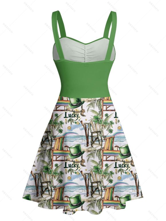 St.Patrick's Day Couple Outfit Tropical Lucky Print Ruched Belt Dress and Shirt Set - Vert clair S | US 4