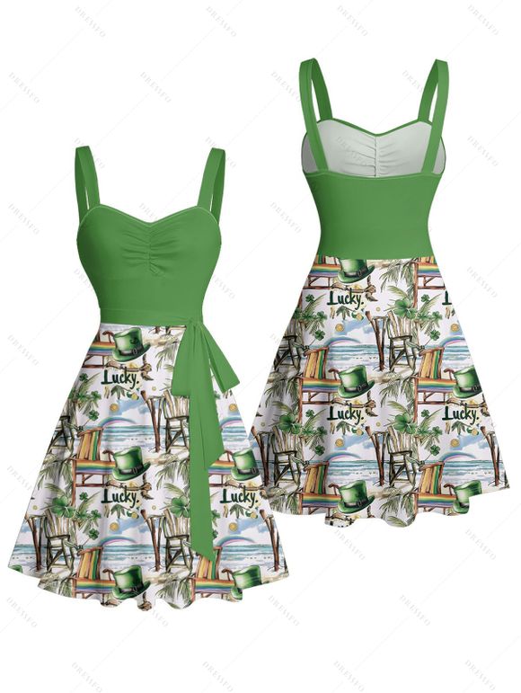 St.Patrick's Day Couple Outfit Tropical Lucky Print Ruched Belt Dress and Shirt Set - Vert clair S | US 4
