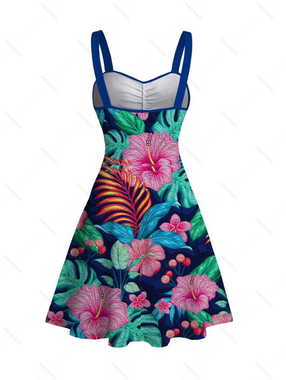 Vacation Couple Outfit Hibiscus Floral Monstera Pattern Belt Dress and Shirt Set - multicolor A S | US 4