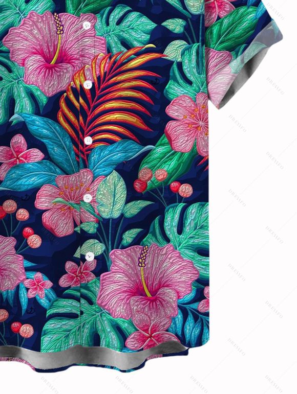 Vacation Couple Outfit Hibiscus Floral Monstera Pattern Belt Dress and Shirt Set - multicolor A S | US 4
