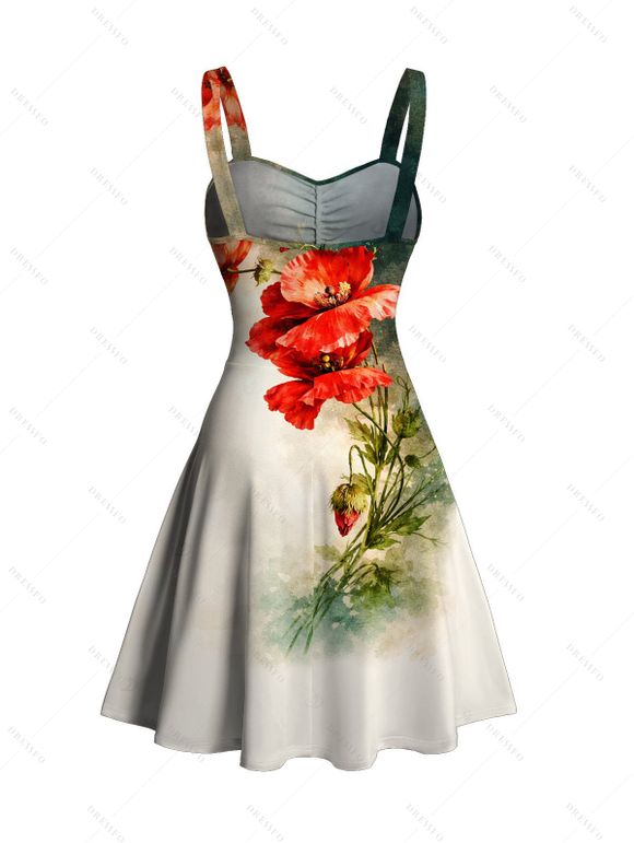 Vacation Couple Outfit Vintage Watercolor Poppy Floral Print Ruched Dress and Shirt Set - Vert profond S | US 4