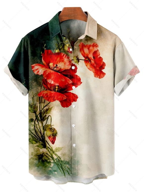 Vacation Couple Outfit Vintage Watercolor Poppy Floral Print Ruched Dress and Shirt Set - Vert profond S | US 4