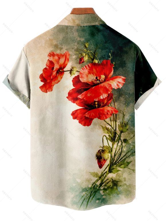 Vacation Couple Outfit Vintage Watercolor Poppy Floral Print Ruched Dress and Shirt Set - Vert profond S | US 4