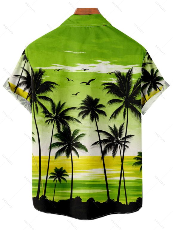 Chemise de vacances pour homme, imprimé coucher de soleil tropical avec cocotiers, chemise boutonnée - Vert 5XL