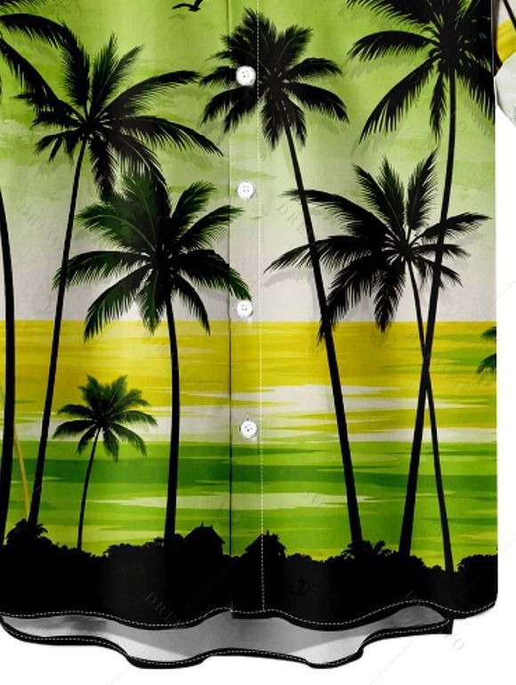 Chemise de vacances pour homme, imprimé coucher de soleil tropical avec cocotiers, chemise boutonnée - Vert 5XL