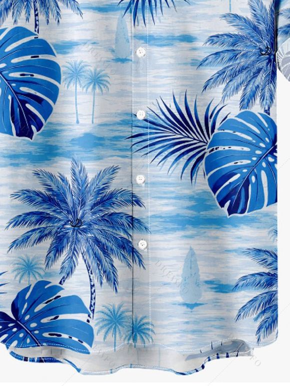 Chemise de vacances pour homme à imprimé feuilles de cocotier et de monstera, boutonnée - Bleu Ciel 5XL