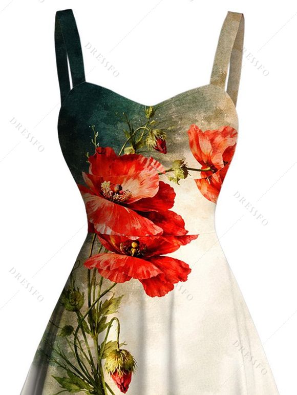 Robe de vacances vintage à imprimé floral aquarelle coquelicots, buste froncé - Vert profond S | US 4