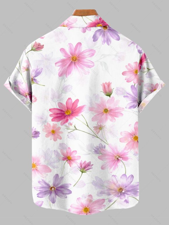 Chemise de vacances pour homme, imprimé floral aquarelle cosmos, chemise boutonnée - Rose clair 5XL