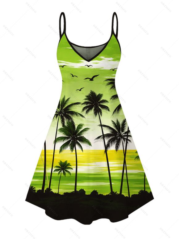 Vacation Couple Outfit Tropical Coconut Tree Sunset Print Dress and Shirt Set - Vert S | US 4