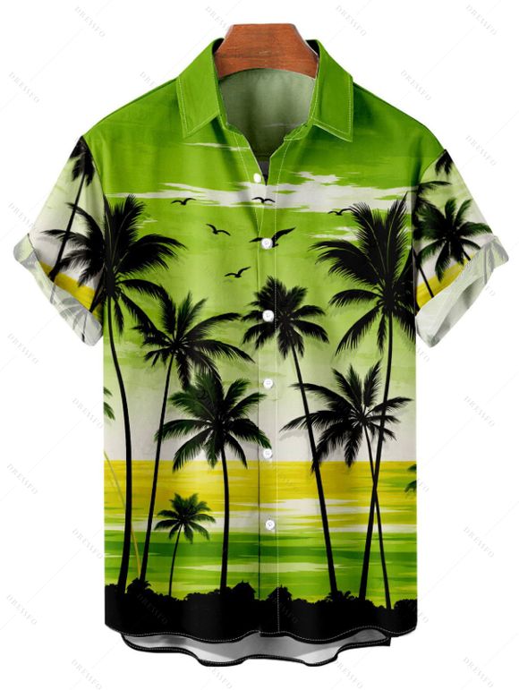 Vacation Couple Outfit Tropical Coconut Tree Sunset Print Dress and Shirt Set - Vert S | US 4