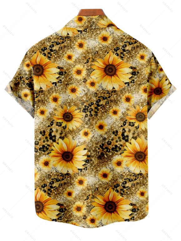 Chemise de vacances pour homme, imprimé léopard et tournesol, à boutons - Brun Doré 5XL
