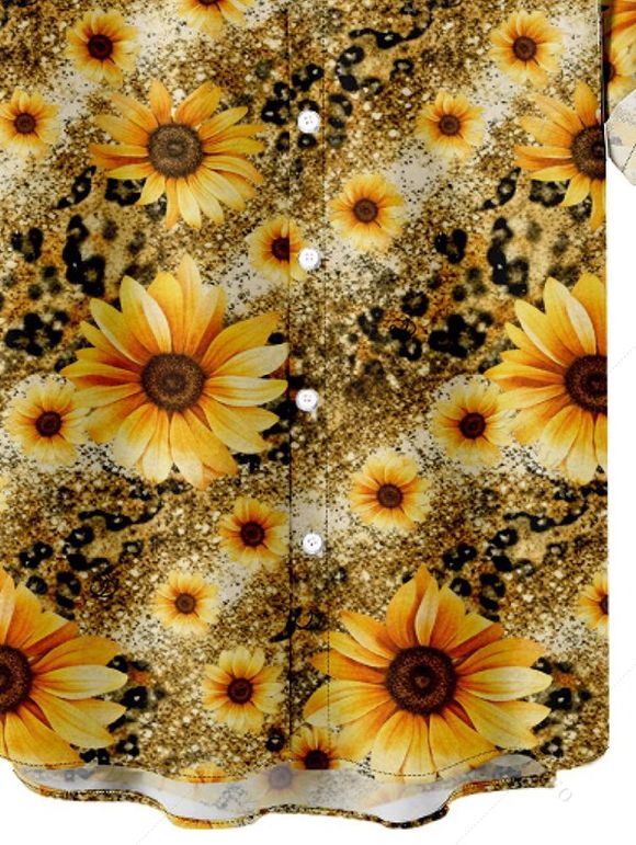 Chemise de vacances pour homme, imprimé léopard et tournesol, à boutons - Brun Doré 5XL