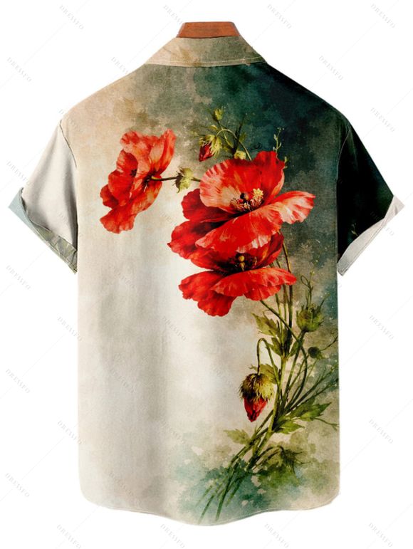 Chemise de vacances pour homme, style vintage, imprimé floral coquelicot aquarelle, boutonnée - Vert profond M