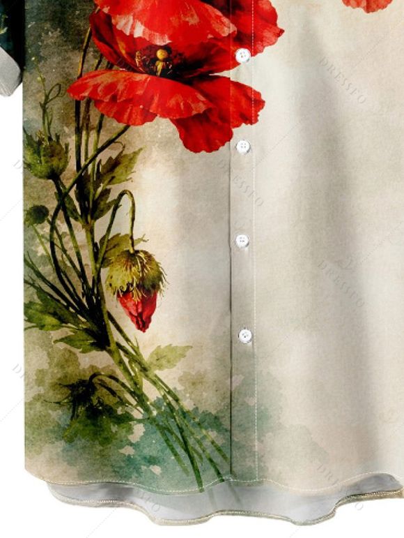 Chemise de vacances pour homme, style vintage, imprimé floral coquelicot aquarelle, boutonnée - Vert profond M