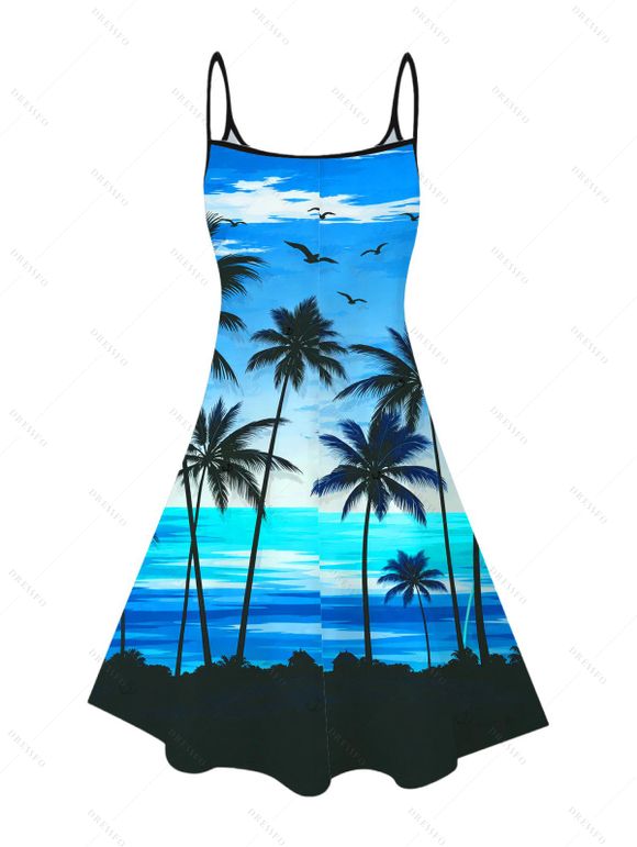 Vacation Couple Outfit Tropical Coconut Tree Sunset Print Dress and Shirt Set - Bleu S | US 4