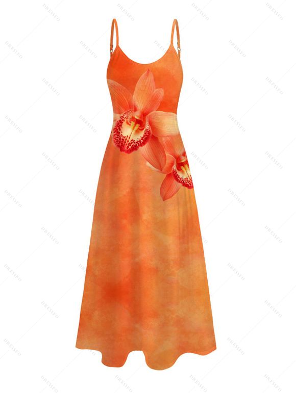 Robe de vacances longue à poches et imprimé floral tropical orchidée - Orange S | US 4