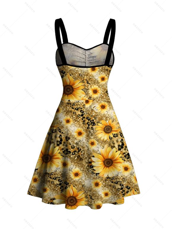 Robe de vacances imprimée léopard et tournesol, buste froncé - Brun Doré S | US 4