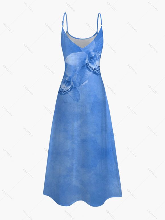 Robe de vacances longue à poches et imprimé floral tropical orchidée - Bleu Ciel L | US 8-10