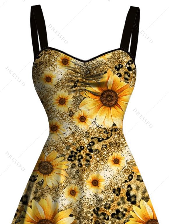 Robe de vacances imprimée léopard et tournesol, buste froncé - Brun Doré S | US 4