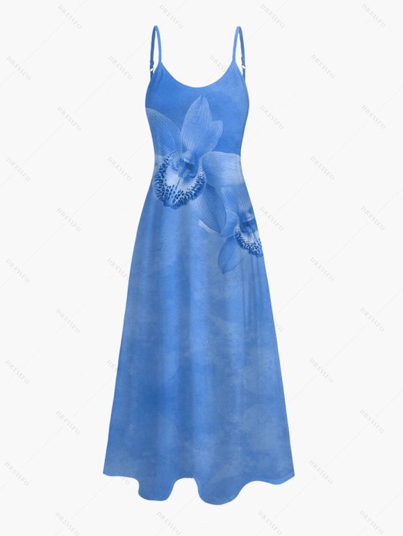 Robe de vacances longue à poches et imprimé floral tropical orchidée - Bleu Ciel L | US 8-10