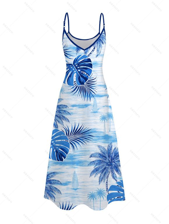 Robe de vacances longue à poches, imprimée feuilles de monstera et cocotier - Bleu Ciel XXXXXL | US 20