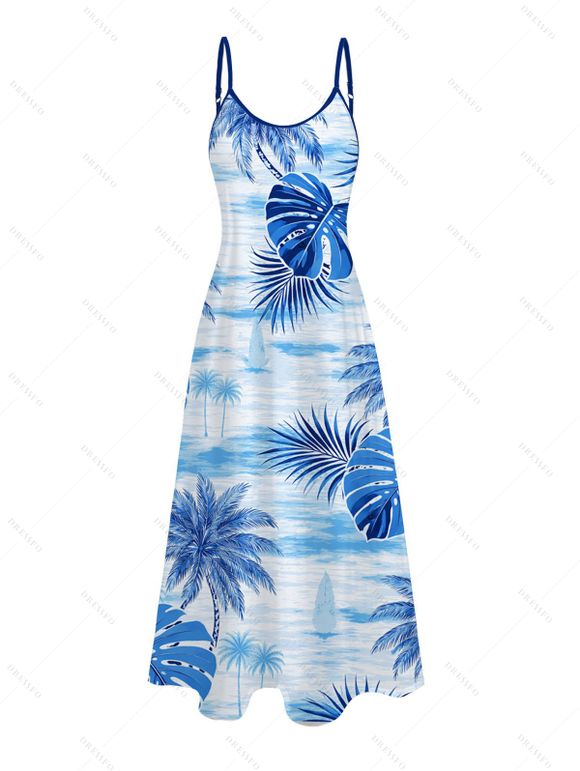 Robe de vacances longue à poches, imprimée feuilles de monstera et cocotier - Bleu Ciel XXXXXL | US 20