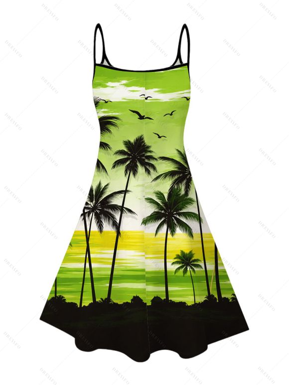 Robe de vacances à imprimé coucher de soleil tropical avec cocotiers et bretelles spaghetti - Vert XXXXXL | US 20