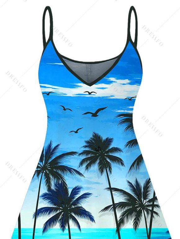 Robe de vacances à imprimé coucher de soleil tropical avec cocotiers et bretelles spaghetti - Bleu L | US 8-10