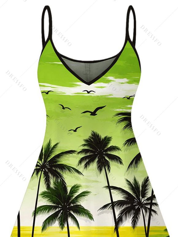 Robe de vacances à imprimé coucher de soleil tropical avec cocotiers et bretelles spaghetti - Vert XXXXXL | US 20