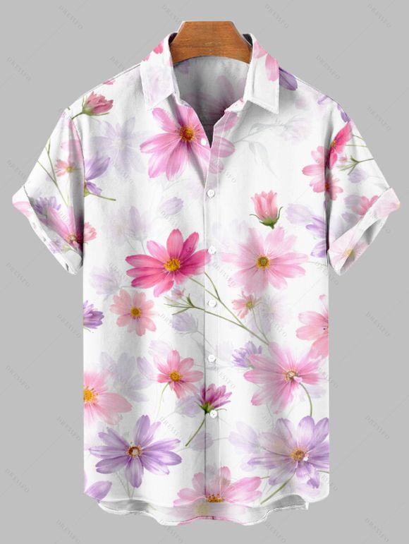 Vacation Couple Outfit Watercolor Cosmos Floral Print Slit Dress and Shirt Set - Rose clair S | US 4