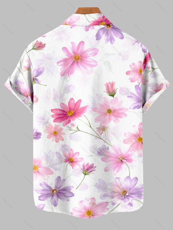 Vacation Couple Outfit Watercolor Cosmos Floral Print Slit Dress and Shirt Set - Rose clair S | US 4