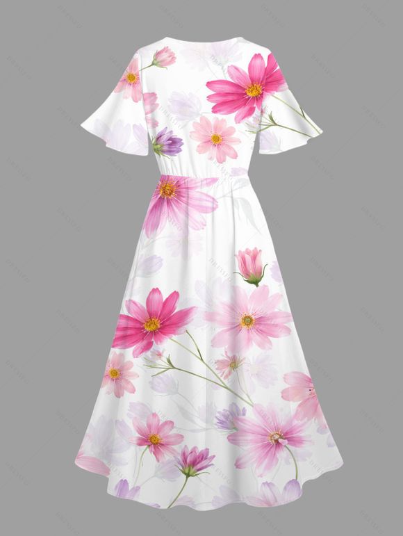 Vacation Couple Outfit Watercolor Cosmos Floral Print Slit Dress and Shirt Set - Rose clair S | US 4