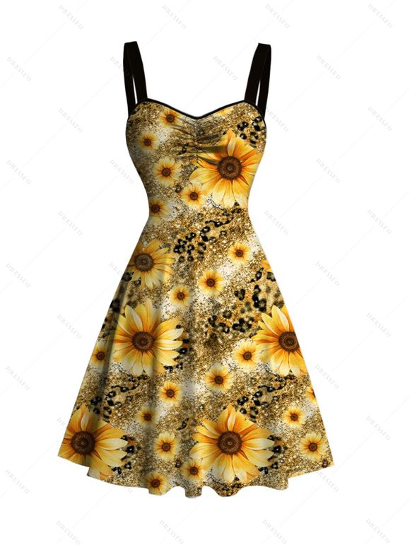 Vacation Couple Outfit Leopard Sunflower Print Ruched Bust Dress and Shirt Set - Brun Doré S | US 4