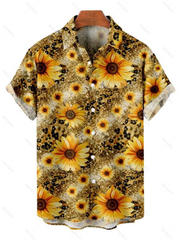 Vacation Couple Outfit Leopard Sunflower Print Ruched Bust Dress and Shirt Set - Brun Doré S | US 4