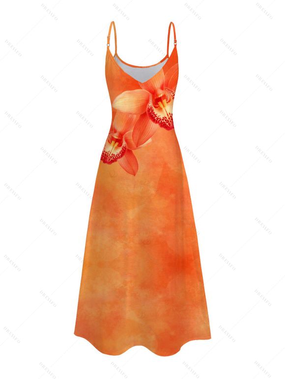 Vacation Couple Outfit Tropical Orchid Floral Print Pocket Long Dress and Shirt Set - Orange S | US 4