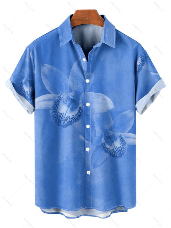 Vacation Couple Outfit Tropical Orchid Floral Print Pocket Long Dress and Shirt Set - Bleu Ciel S | US 4