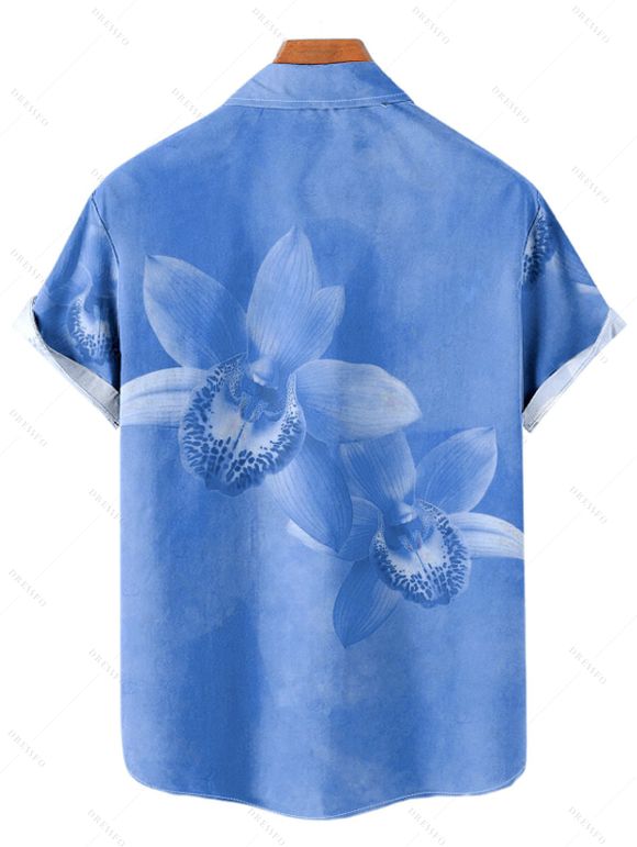 Vacation Couple Outfit Tropical Orchid Floral Print Pocket Long Dress and Shirt Set - Bleu Ciel S | US 4