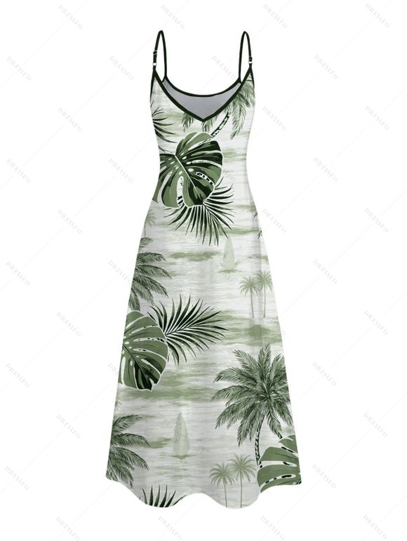 Vacation Couple Outfit Coconut Tree Monstera Leaf Print Pocket Long Dress and Shirt Set - Vert S | US 4