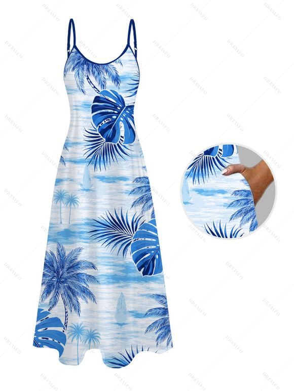 Vacation Couple Outfit Coconut Tree Monstera Leaf Print Pocket Long Dress and Shirt Set - Bleu Ciel S | US 4