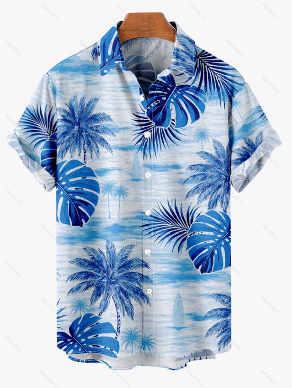 Vacation Couple Outfit Coconut Tree Monstera Leaf Print Pocket Long Dress and Shirt Set - Bleu Ciel S | US 4