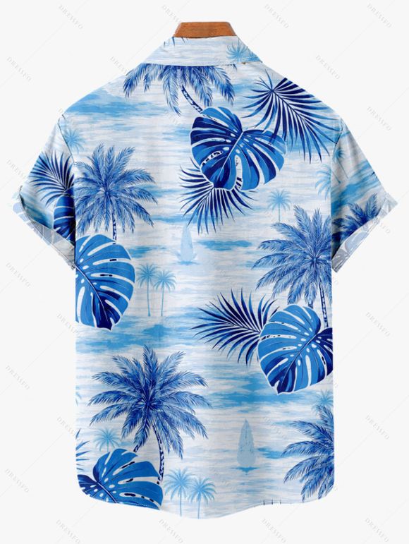 Vacation Couple Outfit Coconut Tree Monstera Leaf Print Pocket Long Dress and Shirt Set - Bleu Ciel S | US 4