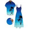 Vacation Couple Outfit Ombre Coconut Tree Zig Zag Print Pocket Long Dress and Shirt Set - Bleu S | US 4