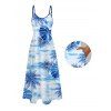 Vacation Couple Outfit Coconut Tree Monstera Leaf Print Pocket Long Dress and Shirt Set - Bleu Ciel S | US 4