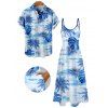 Vacation Couple Outfit Coconut Tree Monstera Leaf Print Pocket Long Dress and Shirt Set - Bleu Ciel S | US 4
