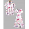 Vacation Couple Outfit Watercolor Cosmos Floral Print Slit Dress and Shirt Set - Rose clair S | US 4
