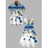 Vacation Couple Outfit Ombre Poppy Floral Pattern Spaghetti Strap Dress and Shirt Set - Bleu S | US 4