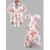 Vacation Couple Outfit Rose Leaf Print Ruffle Bowknot Wrap Dress and Shirt Set - Rose S | US 4