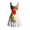 Robe de vacances vintage à imprimé floral aquarelle coquelicots, buste froncé - Vert profond S | US 4