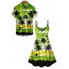 Vacation Couple Outfit Tropical Coconut Tree Sunset Print Dress and Shirt Set - Vert S | US 4