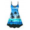 Vacation Couple Outfit Tropical Coconut Tree Sunset Print Dress and Shirt Set - Bleu S | US 4